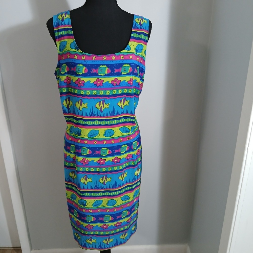 Sag Harbor Dress Sz 16 Sleeveless Beachy Colorful Ocean Life Pattern Sheath